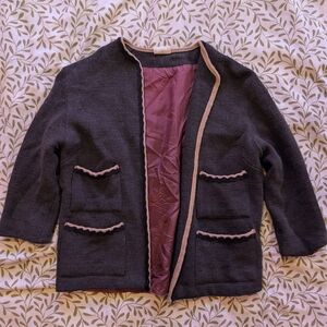 50s Vintage Dark Gray Cardigan with Cream And Black Trim